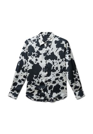 Langarmhemd aus glattem Stoff mit einem schwarz-weißen Kuhmuster, klassischem Kragen und Knopfleiste, gerundetem Saum und Bündchen.