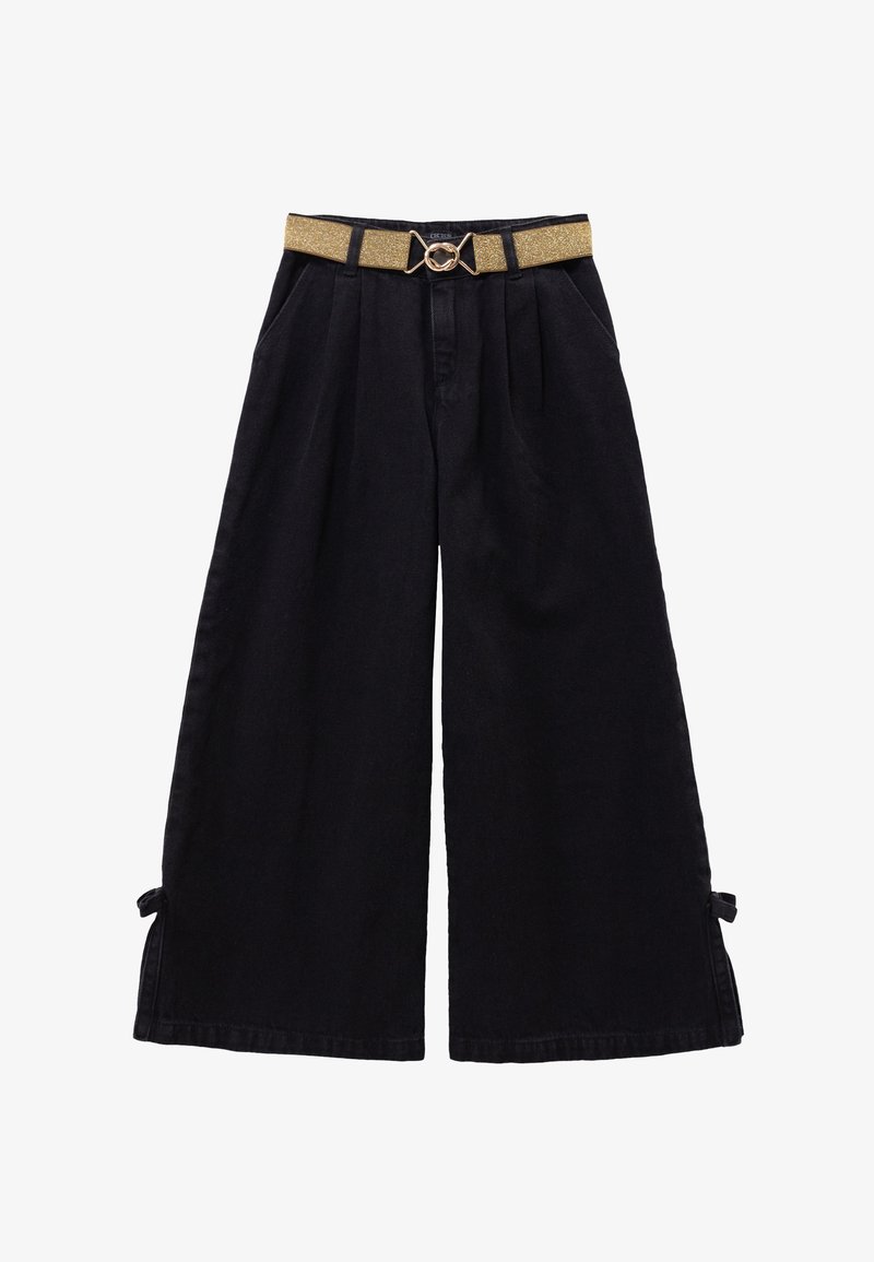 I pantaloni neri a gamba larga presentano una cintura testurizzata dorata con una fibbia decorativa a forma di fiocco. Il tessuto è liscio, con dettagli a fiocco laterali all'orlo.