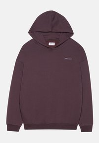 Sudadera con capucha en tejido púrpura oscuro, con puños y dobladillo elásticos. Pequeño logo "URTRN" en gris claro en el pecho. Diseño simple.