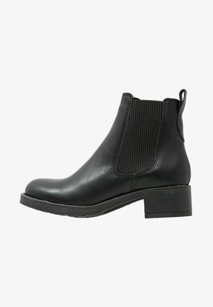 Mustad mustad nahast pahkluu saapad elastsete külgpaneelidega, ümar varvas, 5 cm paksu kontsaga ja tekstuuriga kummist tald haardeks.