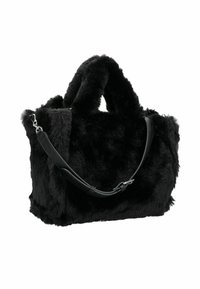 Zwarte faux fur handtas met een rechthoekige vorm, dubbele pluche handvatten en een afneembare leren schouderband met zilveren hardwareaccenten.