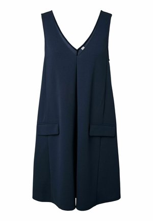 Varrukateta tumeda mere sinine kleit V-kaelusega, kahe eest tasku kaanega, A-lõige, põlvepikkune äär.