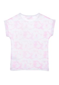 Camiseta blanca con patrones de tie-dye en tonos rosas, de manga corta, con un escote amplio y un corte holgado. Fabricada en una tela suave para mayor comodidad.