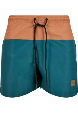 Swim shorts with a brown waistband and a teal body. Features a drawstring closure and a small logo tag on the lower right side.