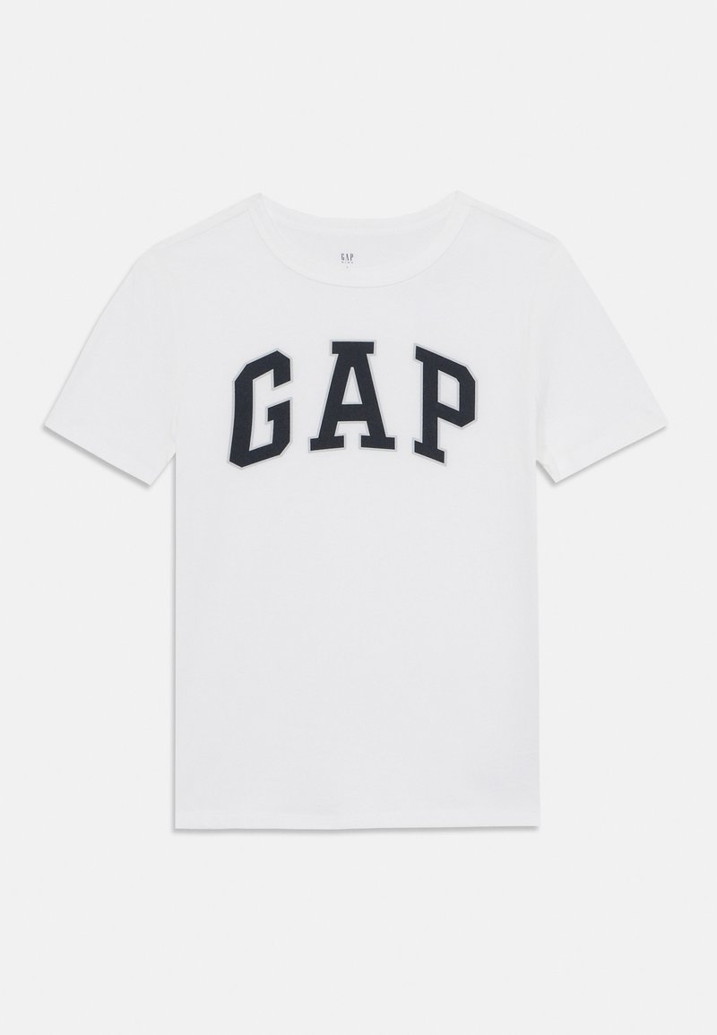 Biała bawełniana koszulka z krótkim rękawem z czarnym logo "GAP" wytłoczonym dużymi literami na piersi. Klasyczny dekolt typu crew neck.