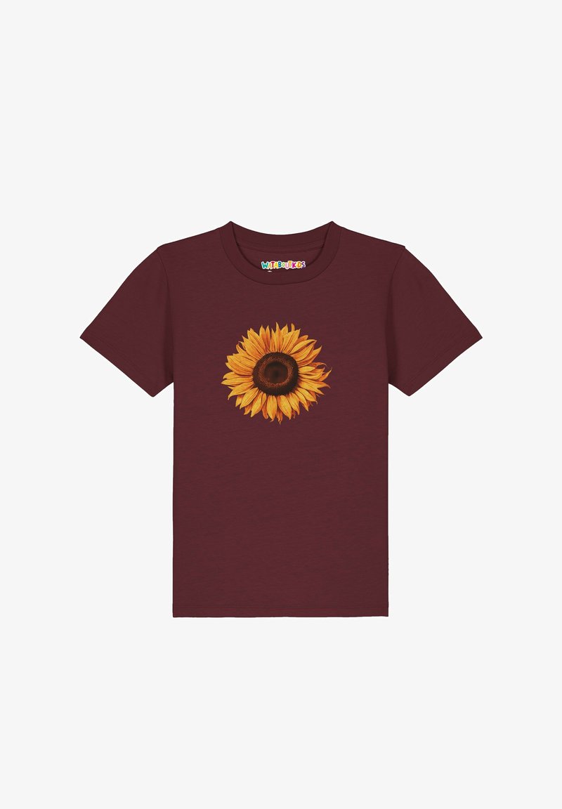 T-shirt marron foncé à manches courtes avec un grand tournesol jaune détaillé imprimé au centre devant.