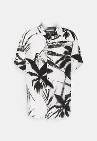Kortärmad skjorta i lätt tyg med ett svartvitt tryck av palmblad, knäppning fram och avslappnad passform.