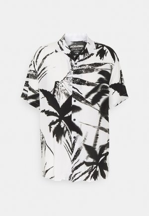 Kurzarmshirt aus leichtem Stoff mit einem schwarz-weißen Motiv von Palmblättern, Knopfleiste und lässiger Passform.