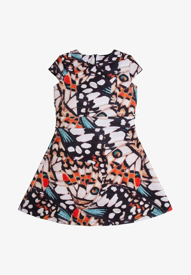 Robe à manches courtes avec jupe évasée, présentant un motif d'ailes de papillon coloré aux tons orange, noir, blanc, sarcelle et beige.