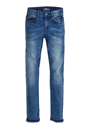 Jeans in denim blu con vestibilità regolare, cinque tasche, dettagli cuciti e finitura leggermente scolorita. Etichetta del marchio in vita.