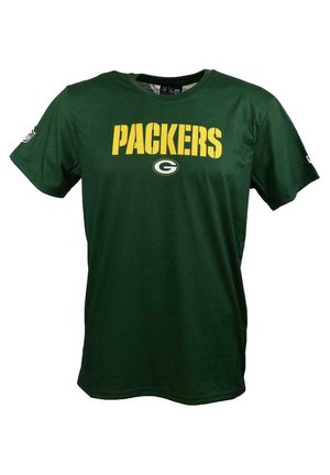 Grünes T-Shirt mit kurzen Ärmeln aus Baumwolle. Mit "PACKERS" in Gelb über der Brust und einem Teamlogo darunter. Schlichtes Design.