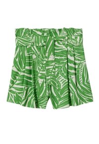 Shorts taille haute vert et blanc à imprimé feuilles tropicales, avec ceinture en tissu et détail plissé à l'avant.