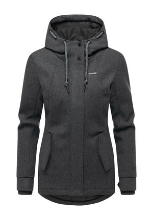 Veste à capuche gris foncé avec poches avant, capuche à cordon de serrage, boutons-pression et ourlet légèrement incurvé, conçue pour les temps froids.