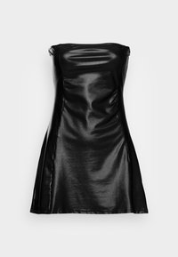 Svart strapless klänning gjord av glänsande, slätt material. A-linjeform med en subtil lyster, utan synlig hårdvara eller mönster.