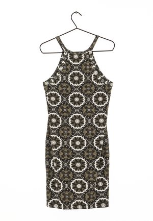 Floral-patterned dress in olive green and white, featuring thin straps, a fitted shape, and a geometric design.