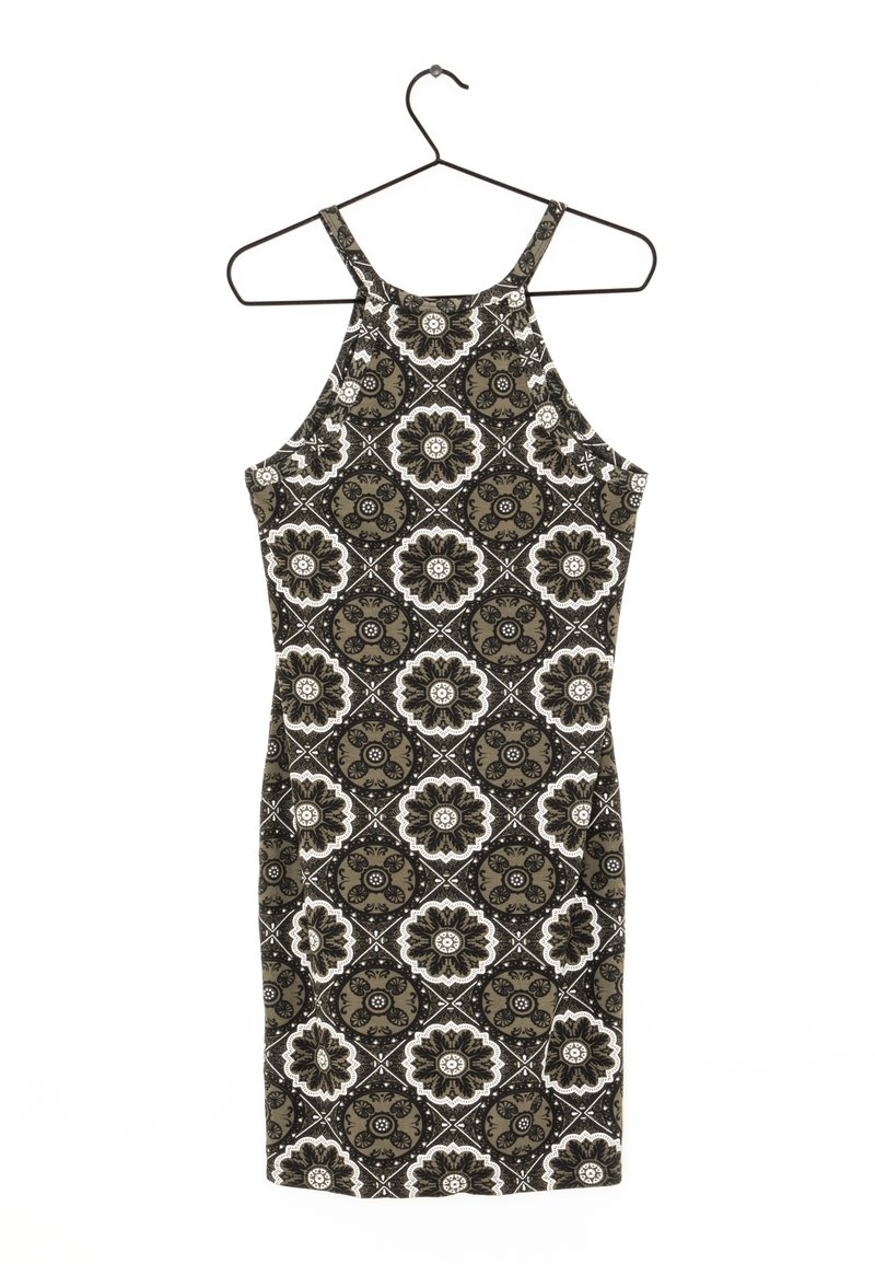 Blommönstrad klänning i olivgrön och vit, med tunna axelband, en figursydd form och en geometrisk design.