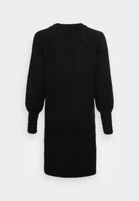 Abito a maglia lungo nero con maniche lunghe, scollo a girocollo, maniche leggermente sbuffate e polsini a costine decorati con piccoli dettagli in perle.
