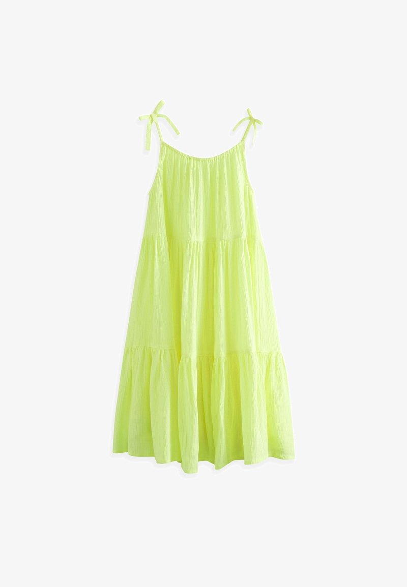 Robe sans manches vert clair avec des bretelles ajustables, design à étages et tissu texturé. Silhouette fluide avec une taille froncée.