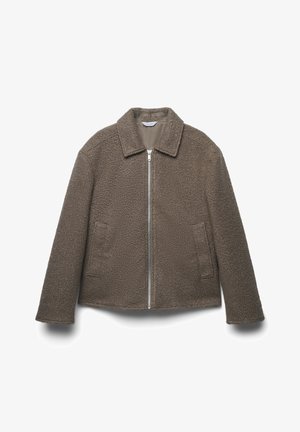 Braune Fleecejacke mit Reißverschluss vorne, spitzem Kragen und zwei seitlichen Taschen. Verfügt über einen strukturierten Stoff und ein gerades Schnittdesign.