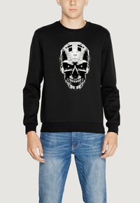 Sudadera negra con un gráfico de una calavera con detalles en verde y mecánicos. Puños y dobladillo acanalados. Diseño casual, material de mezcla de algodón.