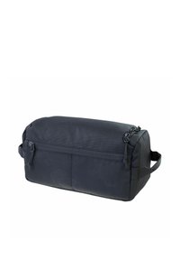 Borsa cilindrica nera realizzata in tessuto resistente. Presenta una tasca frontale con cerniera, una maniglia laterale e una texture liscia.