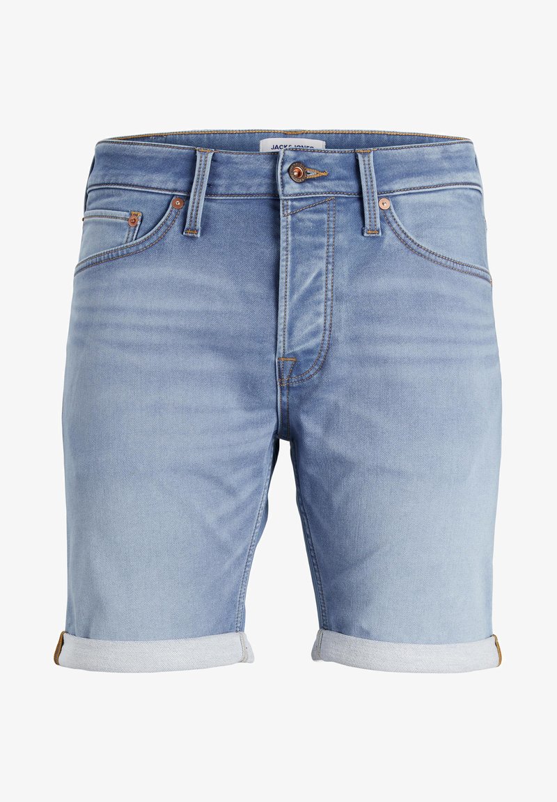 Helle, blaue Jeansshorts mit leicht verblichenem Finish, umgeschlagenen Säumen und sichtbaren Nähten. Mit klassischen Fronttaschen und einem Knopfverschluss.