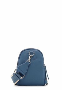 Blue leather crossbody bag with a rounded shape, textured finish, silver hardware, and an adjustable strap featuring a woven accent.