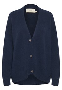 Marinblå cardigan i mjukt tyg, med v-ringning, fem knäppningar och en avslappnad silhuett med ribbade ärmslut.