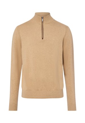 Beige langärmliger Strickpullover mit hohem Kragen und einem braunen kurzen Reißverschluss am Hals, gerippten Bündchen und Saum.