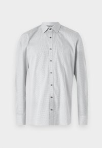 Light gray long-sleeve button-up shirt with a subtle grid pattern, a classic collar, and five round buttons along the front.