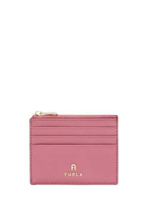 Porte-cartes Furla en cuir rose pâle doté d'une fermeture éclair sur le dessus et de plusieurs emplacements pour cartes. Accent logo doré à l'avant. Texture lisse.