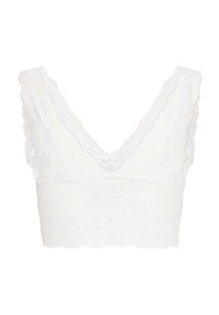 Bralette en dentelle blanche avec un décolleté en V profond, des bords festonnés et des bretelles larges. Le tissu est transparent avec un motif floral sur toute la surface.