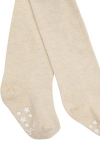Calzini di cotone beige con una texture a coste, con motivi di stelle e punti bianchi sulle punte, e un logo su un calzino.