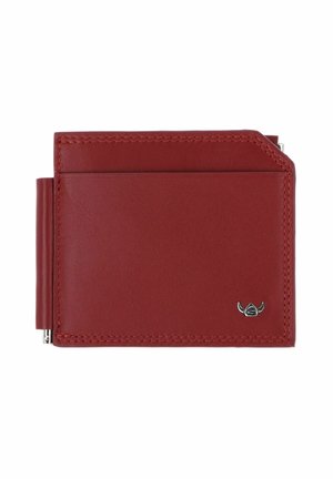 Portefeuille en cuir rouge avec emplacement pour carte externe, clip métallique pour billets sur le côté et petit emblème argenté à cornes en bas à droite.