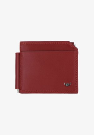 Portefeuille en cuir rouge avec emplacement pour carte externe, clip métallique pour billets sur le côté et petit emblème argenté à cornes en bas à droite.
