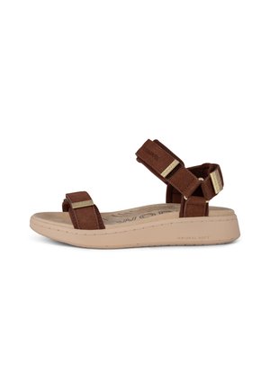 Brown suede sandal with two adjustable straps, gold hardware accents, and a thick light-colored cushioned sole. Features a textured footbed.