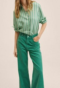 Blusa botton-up a righe verdi abbinata a jeans verde a gamba larga. La blusa presenta righe verticali, mentre i jeans hanno una finitura texturizzata.