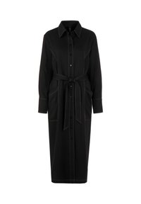 Schwarzes Hemdblusenkleid mit Kragen, durchgehender Knopfleiste und langen Ärmeln. Verfügt über einen Taillengürtel und kontrastierende Nähte. Mit seitlichen Taschen.