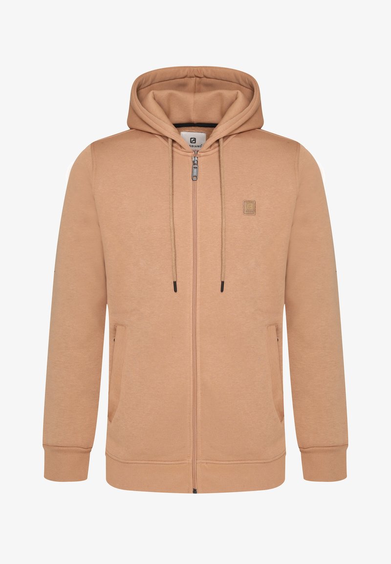 Felpa con zip di colore marrone chiaro, dotata di cappuccio, tasche frontali e polsini a costine. Realizzata in materiale morbido, presenta un piccolo logo sul petto.