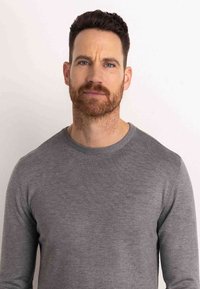 Grijze gebreide trui met lange mouwen, geribbelde halslijn en een zachte textuur. Het model heeft kort donker haar en een lichte baard. Effen achtergrond.