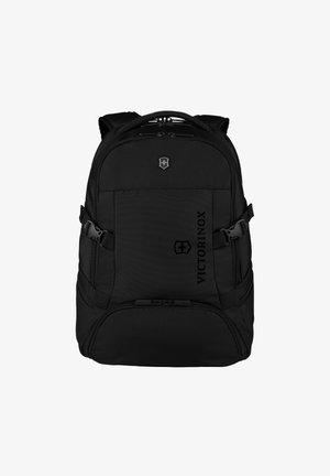 Black backpack made of durable fabric with double zipper, side pockets, adjustable straps, and embossed logo on front.