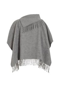 Pelēks vilnas pončo ar franjām uz malām, apvīts ar atbilstošu šalli ap kakla zonu.