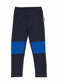 Marinblå leggings med bred elastisk midja, kontrasterande orange sömmar och blå vadderade knäpaneler med diagonala linjer.
