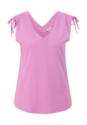 Rosa ärmelloses Top mit V-Ausschnitt, verstellbaren Bindebändern an den Schultern, aus weichem Stoff, mit lässiger Passform und glatter Textur.