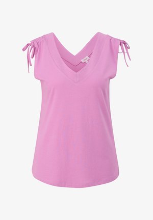 Rosa ärmelloses Top mit V-Ausschnitt, verstellbaren Bindebändern an den Schultern, aus weichem Stoff, mit lässiger Passform und glatter Textur.