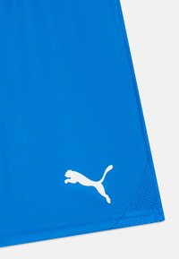 Calções desportivos azuis feitos de tecido suave. Apresentam o logótipo branco da Puma no lado inferior esquerdo e detalhes em malha na bainha.