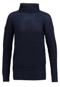 Navy blue knitted sweater with a turtleneck, featuring a textured pattern and ribbed cuffs and hem, designed for warmth and comfort.