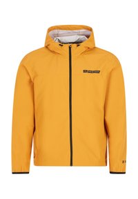 Žltá nepremokavá bunda s predným zipsom, nastaviteľnou kapucňou a čiernymi akcentmi. Materiál sa zdá byť hladký s ľahkým dizajnom.