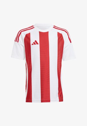 Rood-witte gestreepte voetbalshirt met korte mouwen en een mesh-structuur, met het Adidas-logo op de borst en drie strepen op de mouwen.