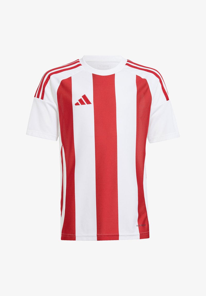 Maglietta da calcio a maniche corte a righe rosse e bianche con texture a rete, con logo Adidas sul petto e tre strisce sulle maniche.